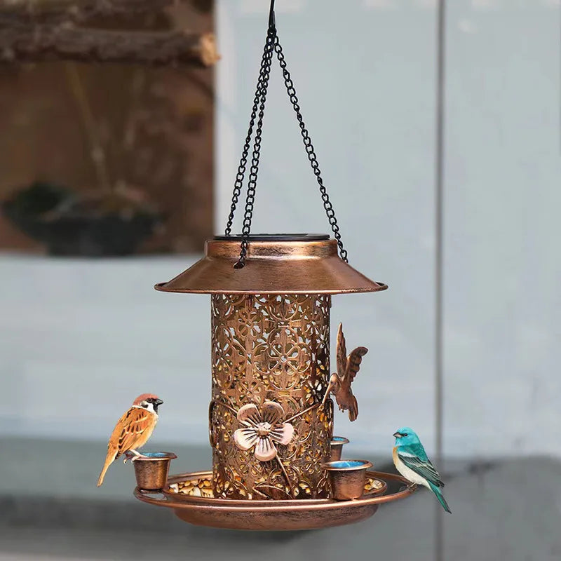 Solar Bird Feeder Metal Outdoors Hanging Bird House with Light Gift Ideas for Bird Lovers Outdoor Garden Backyard Decoration