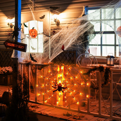 3.28FT Spider Web Light with Hairy Spider 70LED Battery Powered Remote Control 8 Lighting Modes Glowing Outdoor Indoor Wall Halloween Decoration
