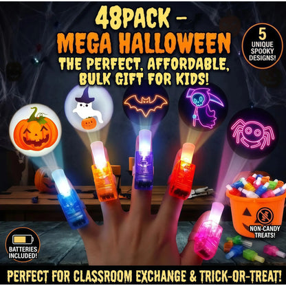 48Pc Halloween Gift Must-Have, Spooky LED Projection Glow Finger Ring Lights, Non-Candy Kids Gift, Unisex All Ages, for Halloween Trick-Or-Treat, Cosplay, Themed Party & Night Decor