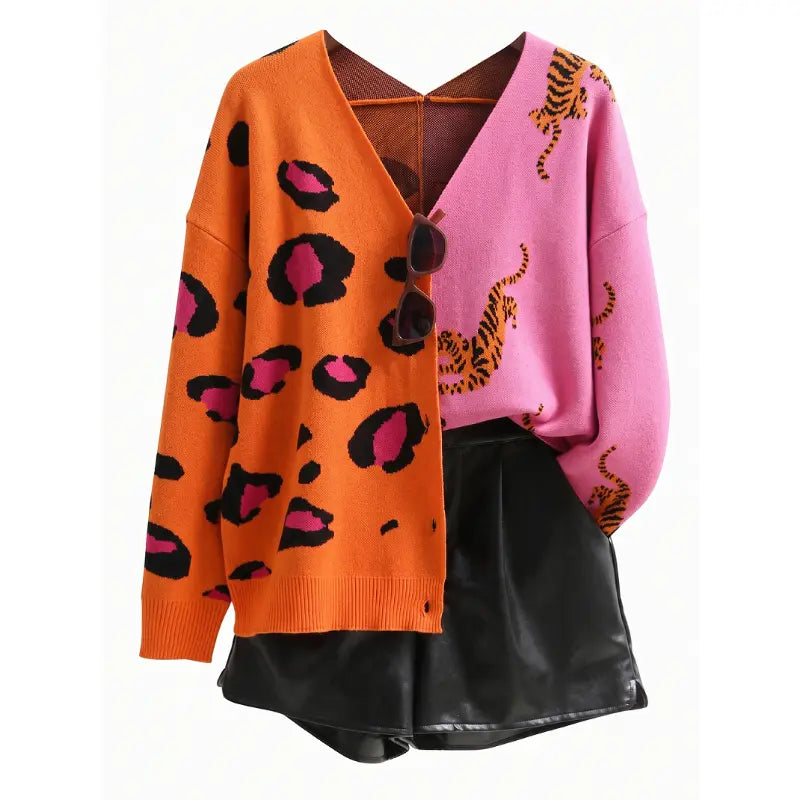 Women'S Oversized V-Neck Chunky Knit Long-Sleeve Basic Cardigan - Drop Shoulder, Button Front, Color-Block Animal Print, Soft Loose Work & Cozy Recovery Loungewear