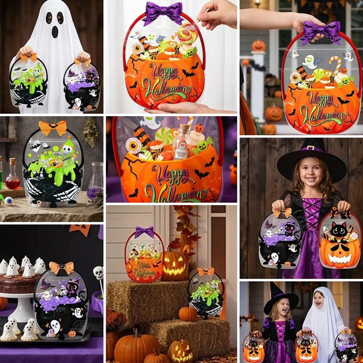 20 Pcs Halloween Gift Bags, Plastic Candy Bags, Trick or Treat Bags with Handle,Featuring Cauldron and Pumpkin Designs. Ideal for Students, Teachers, and Neighbors, Perfect for Storing Classroom Snacks and as Party Favors at Halloween Birthday Parties