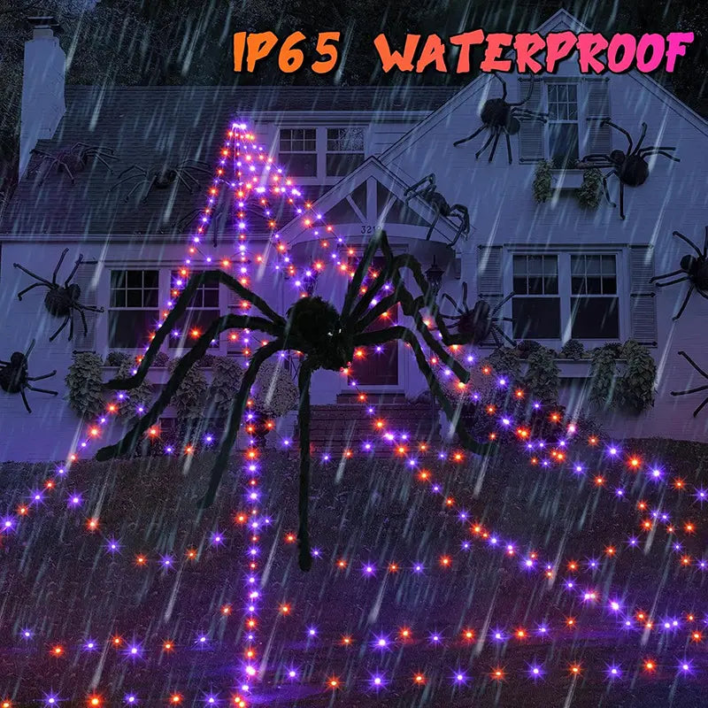 Glowing Spider Web Lights - Purple, Orange LED with Timer Function, Halloween Aesthetic Spooky Lights for Outdoor Decor, Yard, Lawn, Porch, Garden Indoor Setup