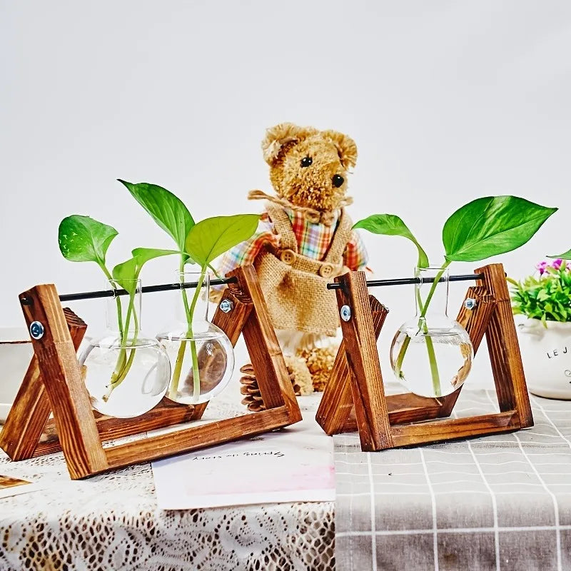 Tabletop Glass Planter Propagation Station Hydroponic Plant Vases in Wooden Rack Terrarium for Plants for Home Decor Room Decora