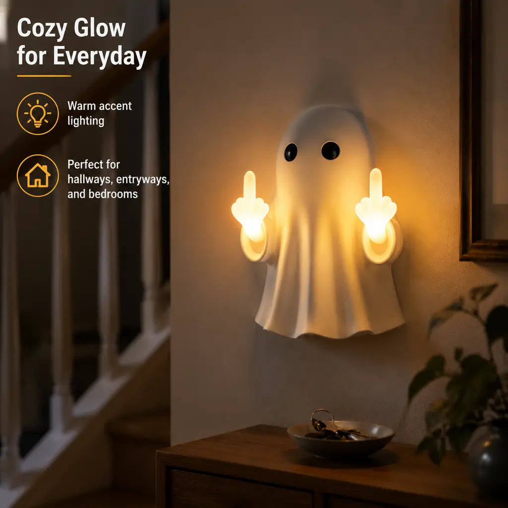 Ghost Wall Light, Cute Ghost Night Light with Middle Finger Gesture, Funny LED Wall Lamp for Bedroom Halloween Decor Home Office Gift