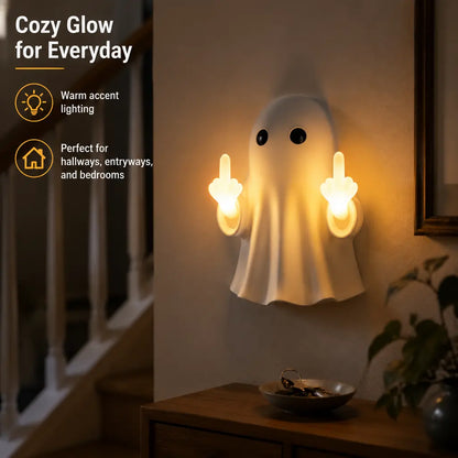 Ghost Wall Light, Cute Ghost Night Light with Middle Finger Gesture, Funny LED Wall Lamp for Bedroom Halloween Decor Home Office Gift