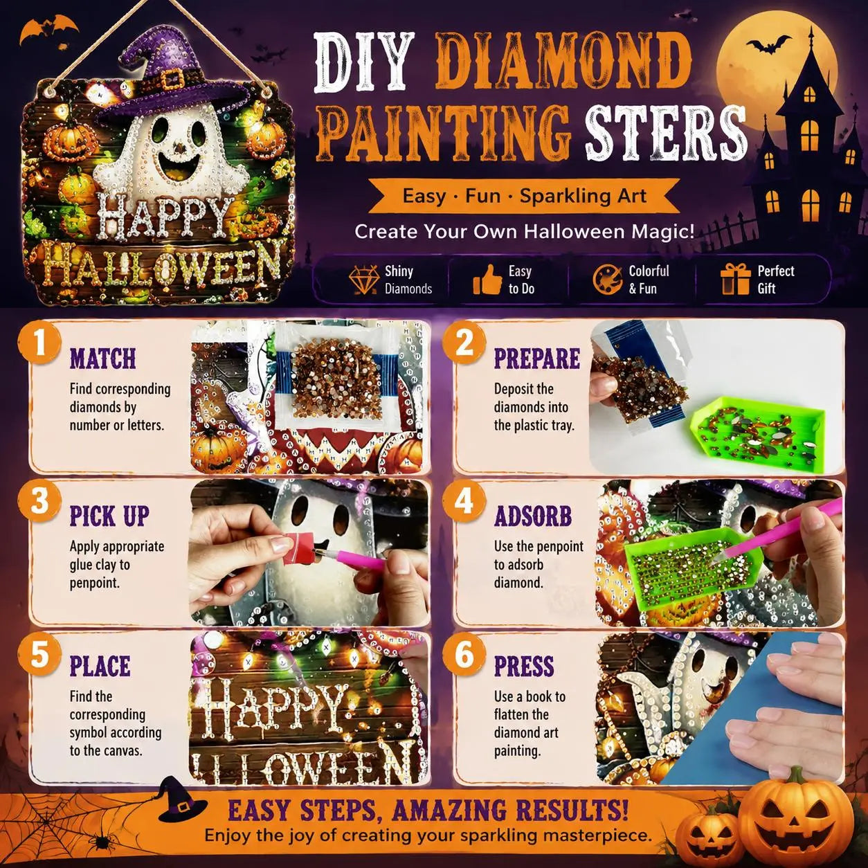 9.8In Shiny Halloween Diamond Art Kits Hanging Suncatcher Set, Witch-Black Cat-Ghost Reading-Pumpkin Designs, Acrylic DIY Rhinestone Ornament, Window Wall Decoration Gift for Kids