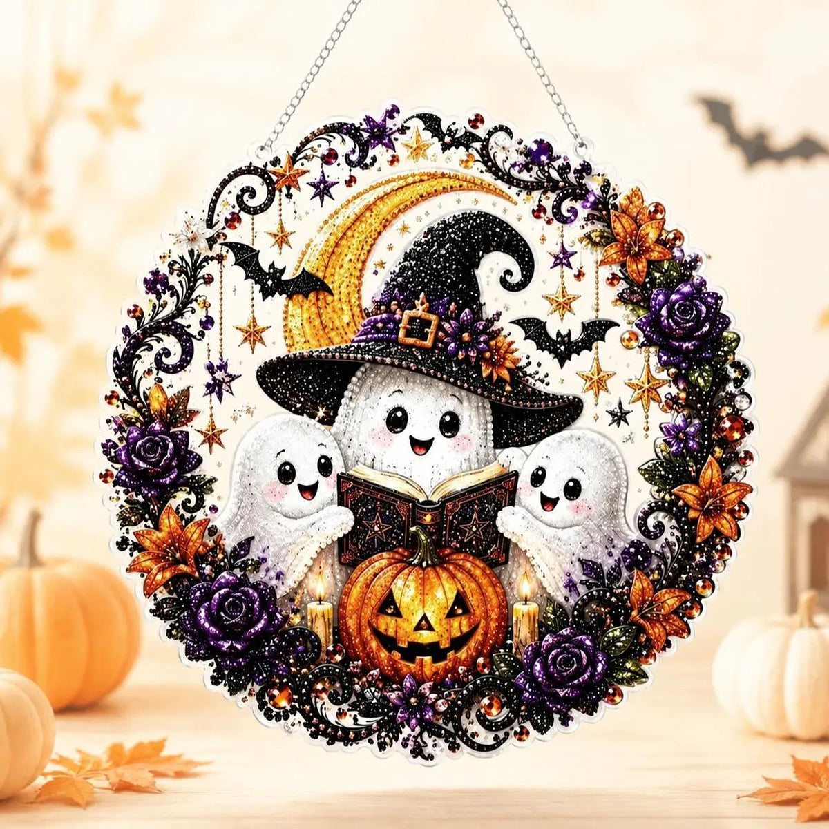9.8In Shiny Halloween Diamond Art Kits Hanging Suncatcher Set, Witch-Black Cat-Ghost Reading-Pumpkin Designs, Acrylic DIY Rhinestone Ornament, Window Wall Decoration Gift for Kids