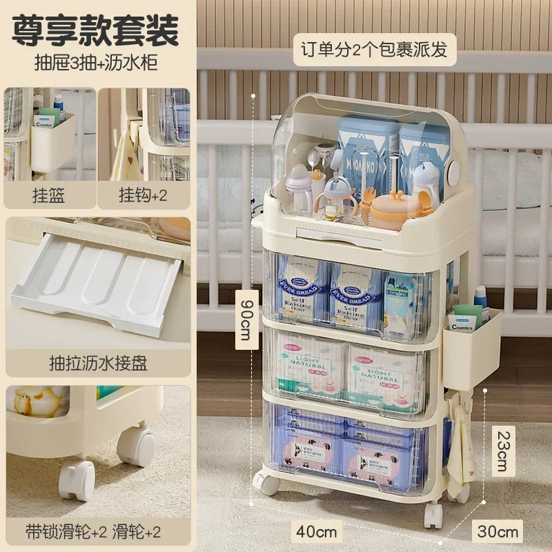 Baby Product Storage Rackmobile Stroller Organizerbottle and Tableware Drainage Boxdustproof Storage Cabinet for Baby Essentials