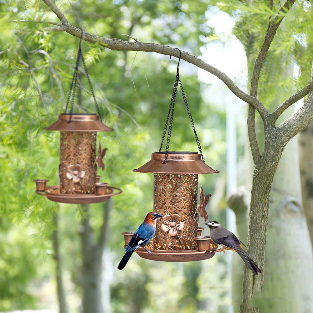 Solar Bird Feeder Metal Outdoors Hanging Bird House with Light Gift Ideas for Bird Lovers Outdoor Garden Backyard Decoration
