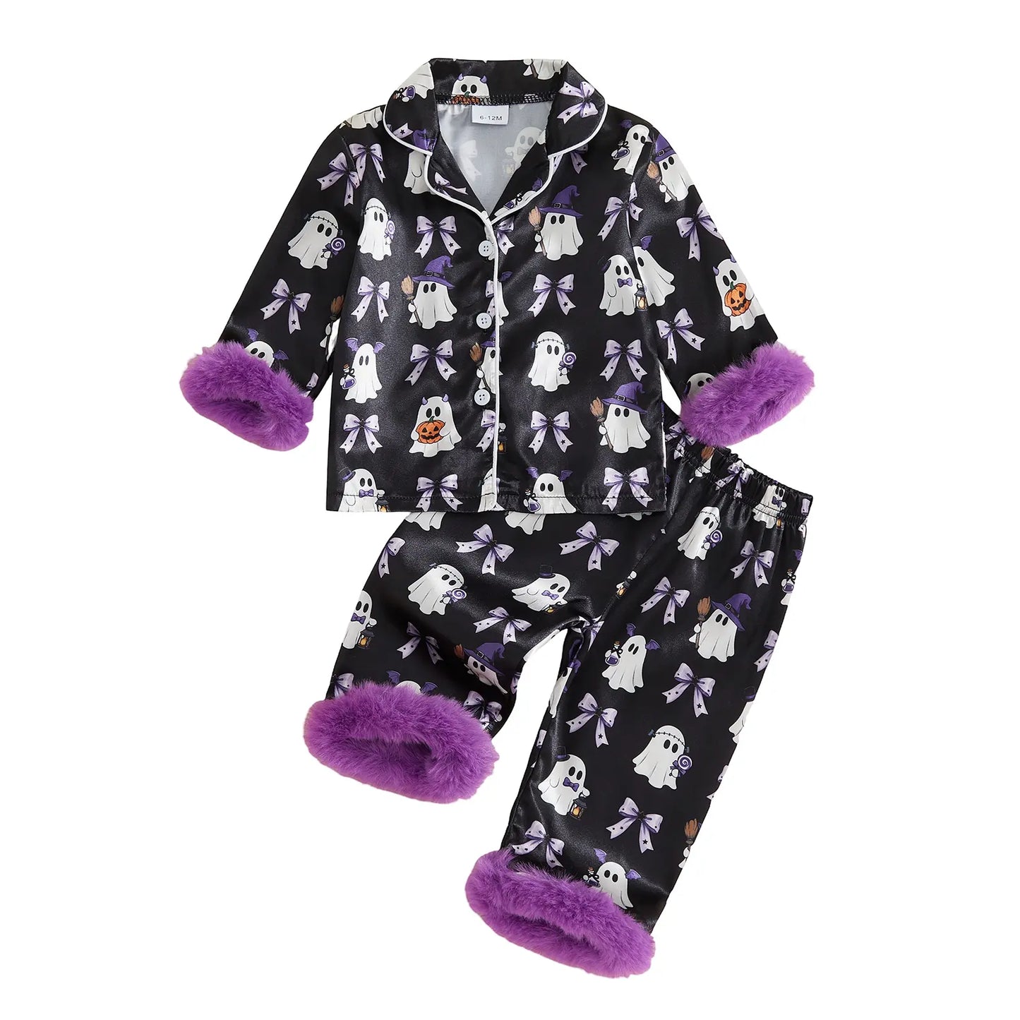 Toddler Halloween Pajamas Baby Girl Pajamas Ghost Print Feather Trim Sleeve Jumpsuit Romper Satin Nightgown Pjs Sleepwear
