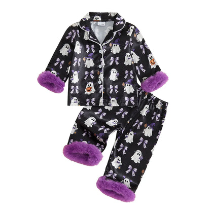 Toddler Halloween Pajamas Baby Girl Pajamas Ghost Print Feather Trim Sleeve Jumpsuit Romper Satin Nightgown Pjs Sleepwear