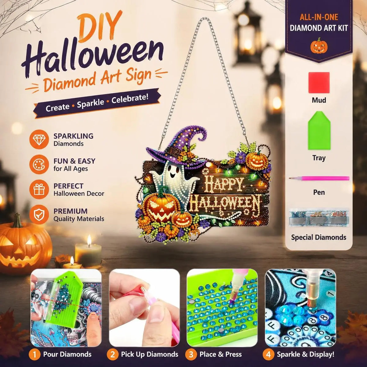 9.8In Shiny Halloween Diamond Art Kits Hanging Suncatcher Set, Witch-Black Cat-Ghost Reading-Pumpkin Designs, Acrylic DIY Rhinestone Ornament, Window Wall Decoration Gift for Kids