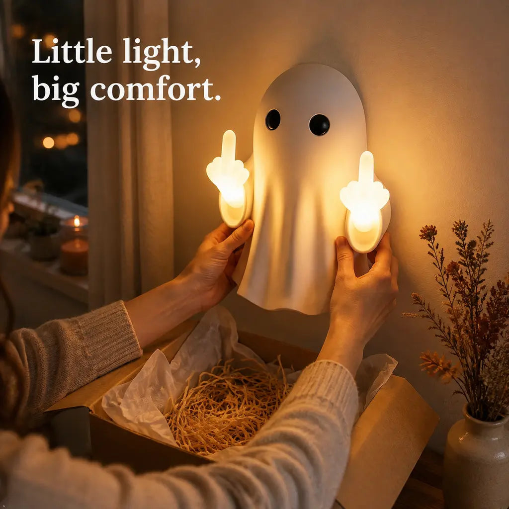Ghost Wall Light, Cute Ghost Night Light with Middle Finger Gesture, Funny LED Wall Lamp for Bedroom Halloween Decor Home Office Gift