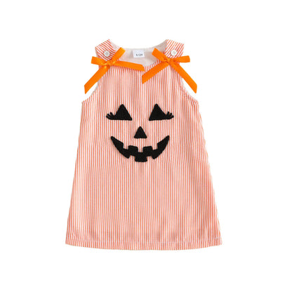 Toddler Baby Little Girl Halloween Dress with Bows Striped Pumpkin Sleeveless Dress Fall 6M-4T