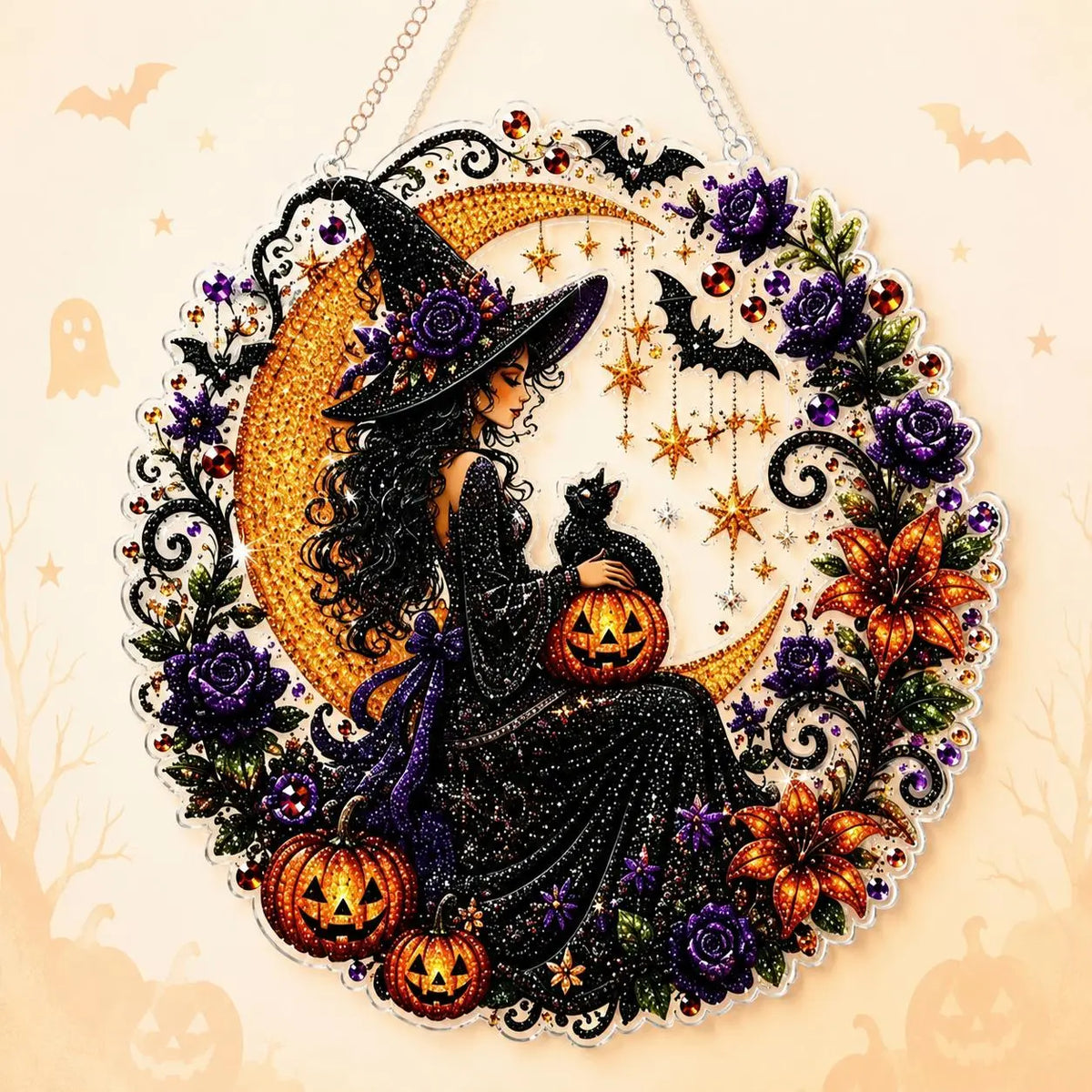 9.8In Shiny Halloween Diamond Art Kits Hanging Suncatcher Set, Witch-Black Cat-Ghost Reading-Pumpkin Designs, Acrylic DIY Rhinestone Ornament, Window Wall Decoration Gift for Kids