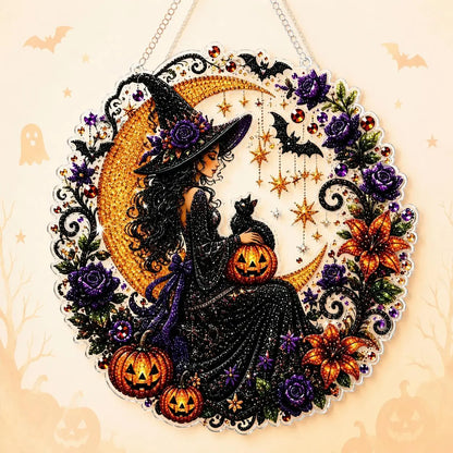 9.8In Shiny Halloween Diamond Art Kits Hanging Suncatcher Set, Witch-Black Cat-Ghost Reading-Pumpkin Designs, Acrylic DIY Rhinestone Ornament, Window Wall Decoration Gift for Kids