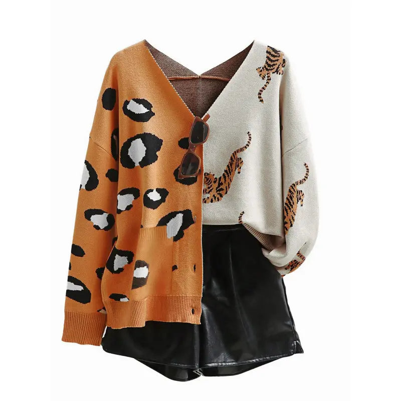 Women'S Oversized V-Neck Chunky Knit Long-Sleeve Basic Cardigan - Drop Shoulder, Button Front, Color-Block Animal Print, Soft Loose Work & Cozy Recovery Loungewear