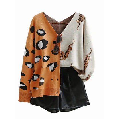 Women'S Oversized V-Neck Chunky Knit Long-Sleeve Basic Cardigan - Drop Shoulder, Button Front, Color-Block Animal Print, Soft Loose Work & Cozy Recovery Loungewear