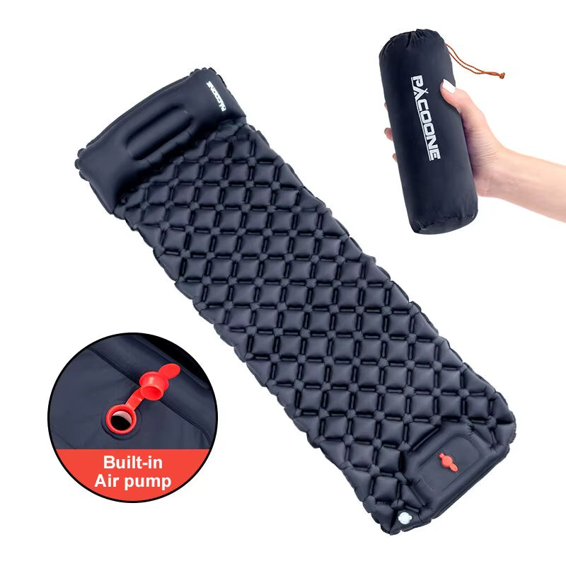 Outdoor Camping Inflatable Mattress Sleeping Pad with Pillows Ultralight Air Mat Built in Inflator Pump Hiking