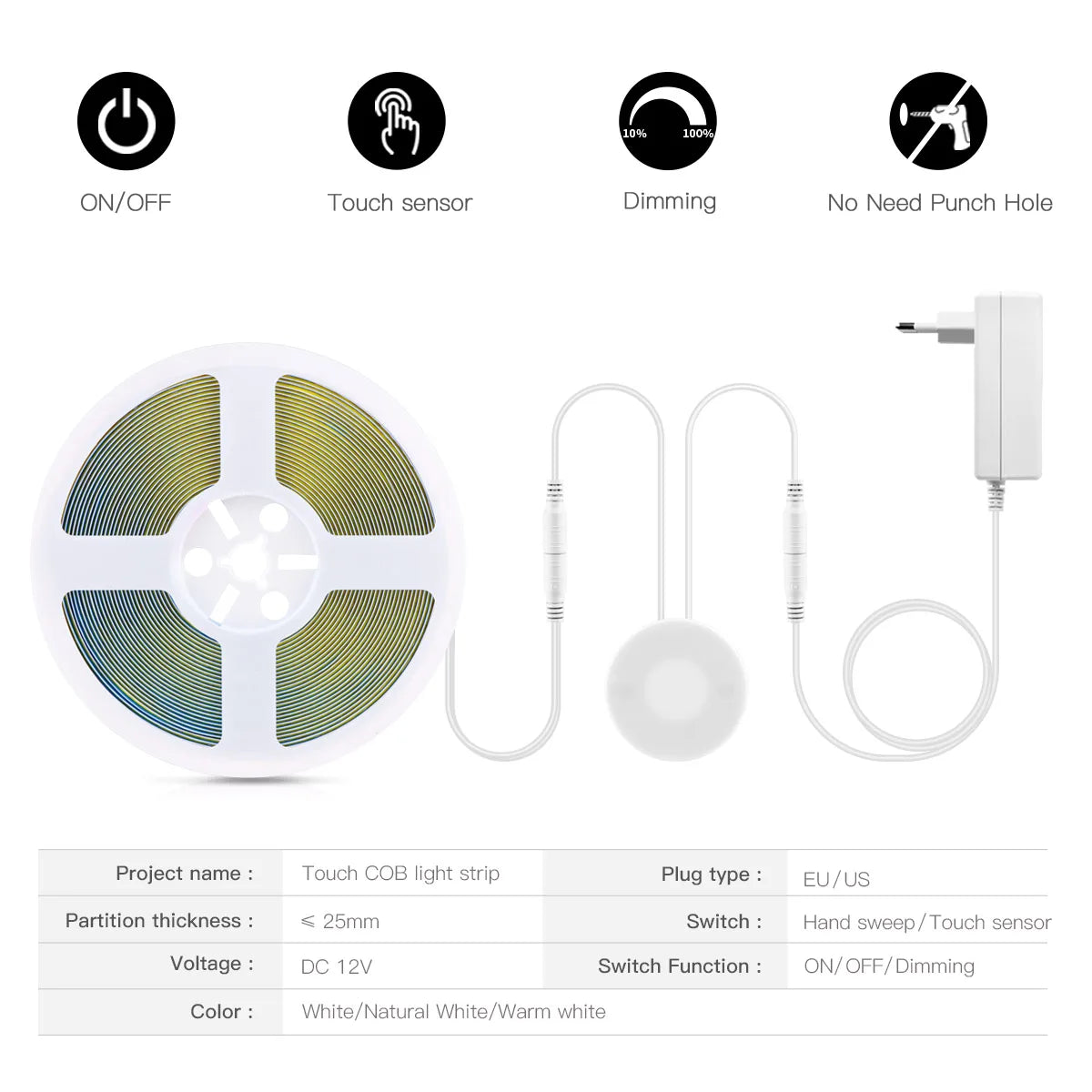 DC12V COB LED Light Strip with Dimmable Penetrable Wood Mirror Acrylic Wireless Touch Sensor Switch for Kichen Cabinet Decor