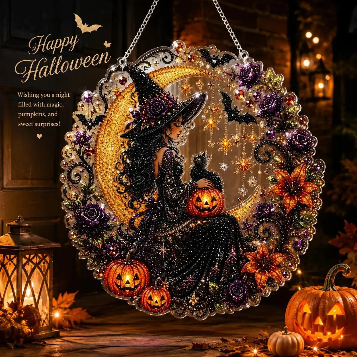 9.8In Shiny Halloween Diamond Art Kits Hanging Suncatcher Set, Witch-Black Cat-Ghost Reading-Pumpkin Designs, Acrylic DIY Rhinestone Ornament, Window Wall Decoration Gift for Kids