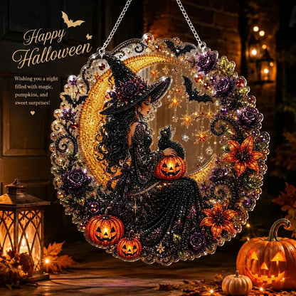 9.8In Shiny Halloween Diamond Art Kits Hanging Suncatcher Set, Witch-Black Cat-Ghost Reading-Pumpkin Designs, Acrylic DIY Rhinestone Ornament, Window Wall Decoration Gift for Kids
