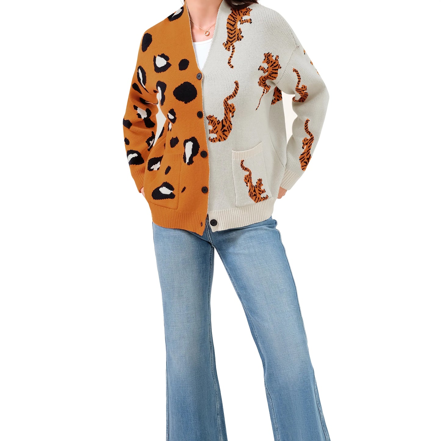 Women'S Oversized V-Neck Chunky Knit Long-Sleeve Basic Cardigan - Drop Shoulder, Button Front, Color-Block Animal Print, Soft Loose Work & Cozy Recovery Loungewear
