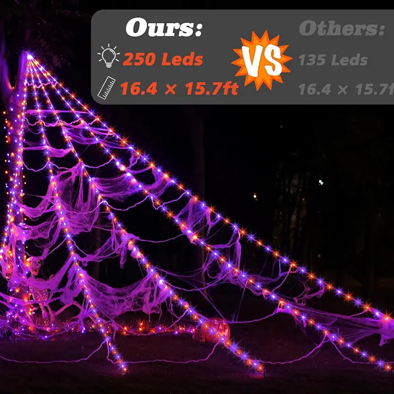 Glowing Spider Web Lights - Purple, Orange LED with Timer Function, Halloween Aesthetic Spooky Lights for Outdoor Decor, Yard, Lawn, Porch, Garden Indoor Setup
