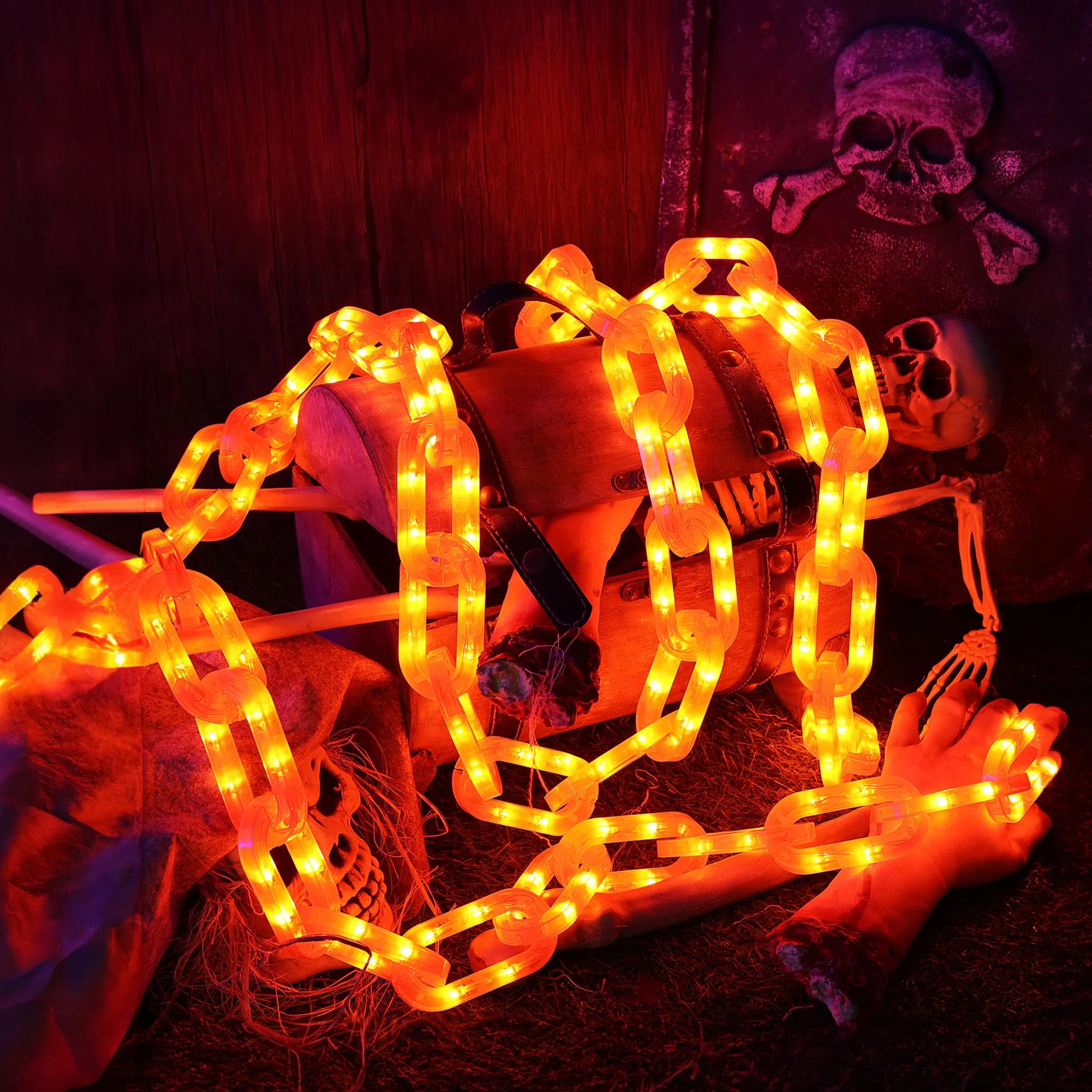 Flacchi Outdoor Halloween Chain Lights (Solar/Battery) 160 Leds. Waterproof Plastic, 8 Lighting Modes. Perfect Spooky Hanging Decor for Halloween Parties, Bushes, Fences, and Patios. Orange/Purple