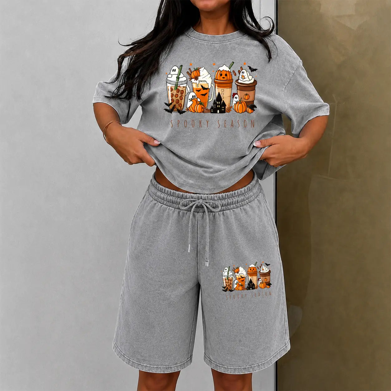 Women'S T-Shirt + Knee-Length Shorts Washed Cotton Shorts Two-Piece Set a Uniquely Styled Halloween Ghost-Themed Party Outfit. Featuring Dachshund in a Halloween Costume Patterns, and Pumpkin Designs. Also Suitable as Casual Summer Loungewear,Sohochic