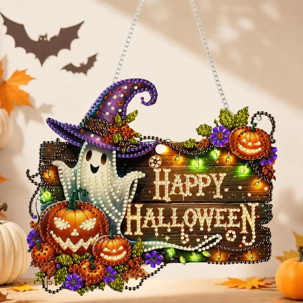 9.8In Shiny Halloween Diamond Art Kits Hanging Suncatcher Set, Witch-Black Cat-Ghost Reading-Pumpkin Designs, Acrylic DIY Rhinestone Ornament, Window Wall Decoration Gift for Kids