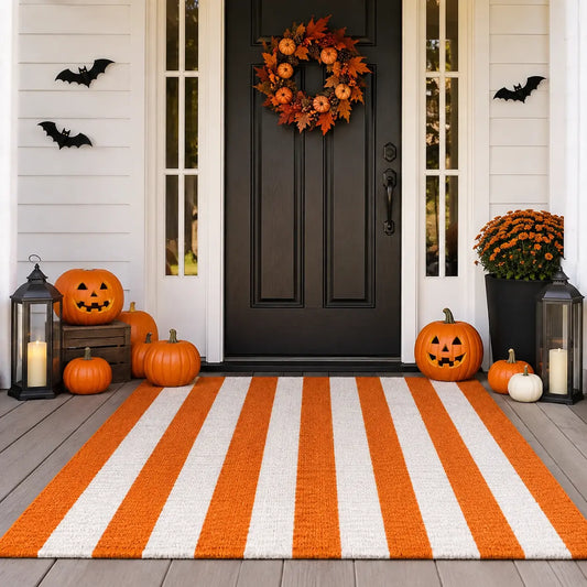Halloween Orange and White Striped Outdoor Layering Rug, Washable Cotton Front Door Doormat, Seasonal Area Rug for Spooky Porch Decor, Outdoor Entrance, Entryway, Patio Home Decoration