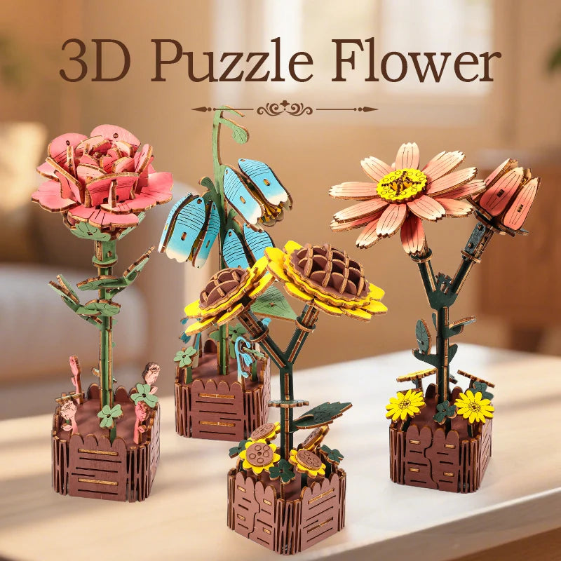 3D Flower Wooden Puzzles, DIY Wooden Flowers Model Kit Building Set Crafts for Adults to Build, Botanical Collection Gift Ideas