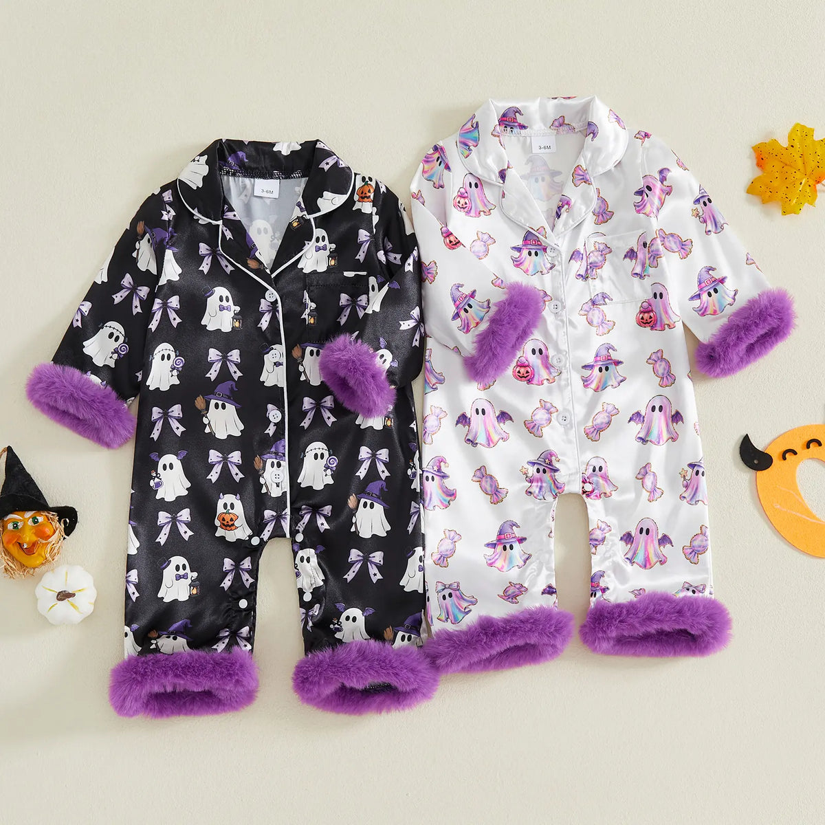 Toddler Halloween Pajamas Baby Girl Pajamas Ghost Print Feather Trim Sleeve Jumpsuit Romper Satin Nightgown Pjs Sleepwear