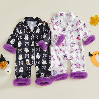 Toddler Halloween Pajamas Baby Girl Pajamas Ghost Print Feather Trim Sleeve Jumpsuit Romper Satin Nightgown Pjs Sleepwear