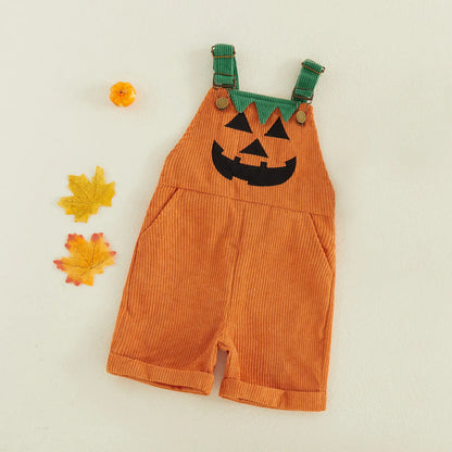 Toddler Corduroy Overalls with Suspenders, Pockets, 2 Ghost/Pumpkin Motifs - Soft Thick Wale, Boy Jumpsuit for Family Gathering, Kindergarten Party Costume