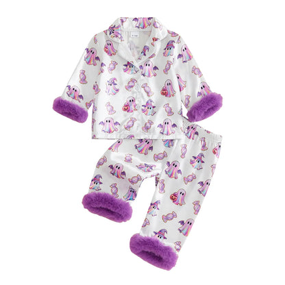 Toddler Halloween Pajamas Baby Girl Pajamas Ghost Print Feather Trim Sleeve Jumpsuit Romper Satin Nightgown Pjs Sleepwear