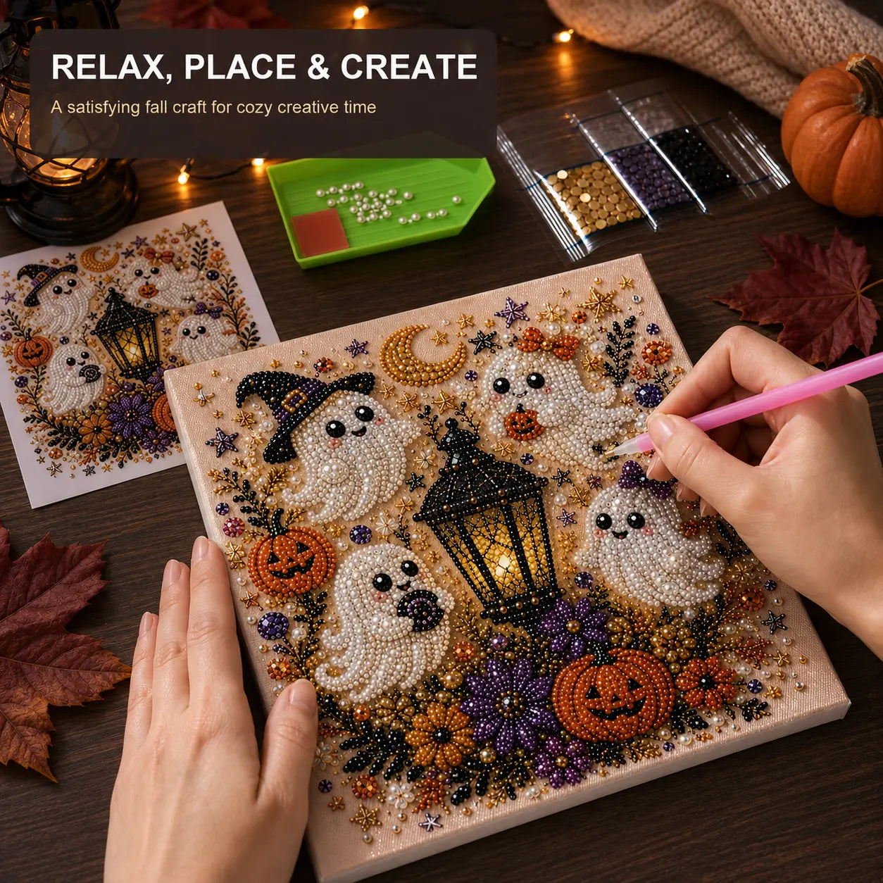 Halloween Diamond Painting Kits with Frame for Adults & Teens, 5D DIY Diamond Art Craft Kit with Full Drill Canvas and Tools, Pumpkin Ghost Witch Cat Halloween Wall Decor, Beginner-Friendly Gift, 8 X 8 Inch