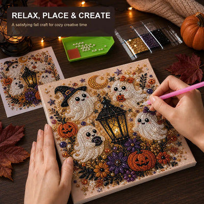 Halloween Diamond Painting Kits with Frame for Adults & Teens, 5D DIY Diamond Art Craft Kit with Full Drill Canvas and Tools, Pumpkin Ghost Witch Cat Halloween Wall Decor, Beginner-Friendly Gift, 8 X 8 Inch
