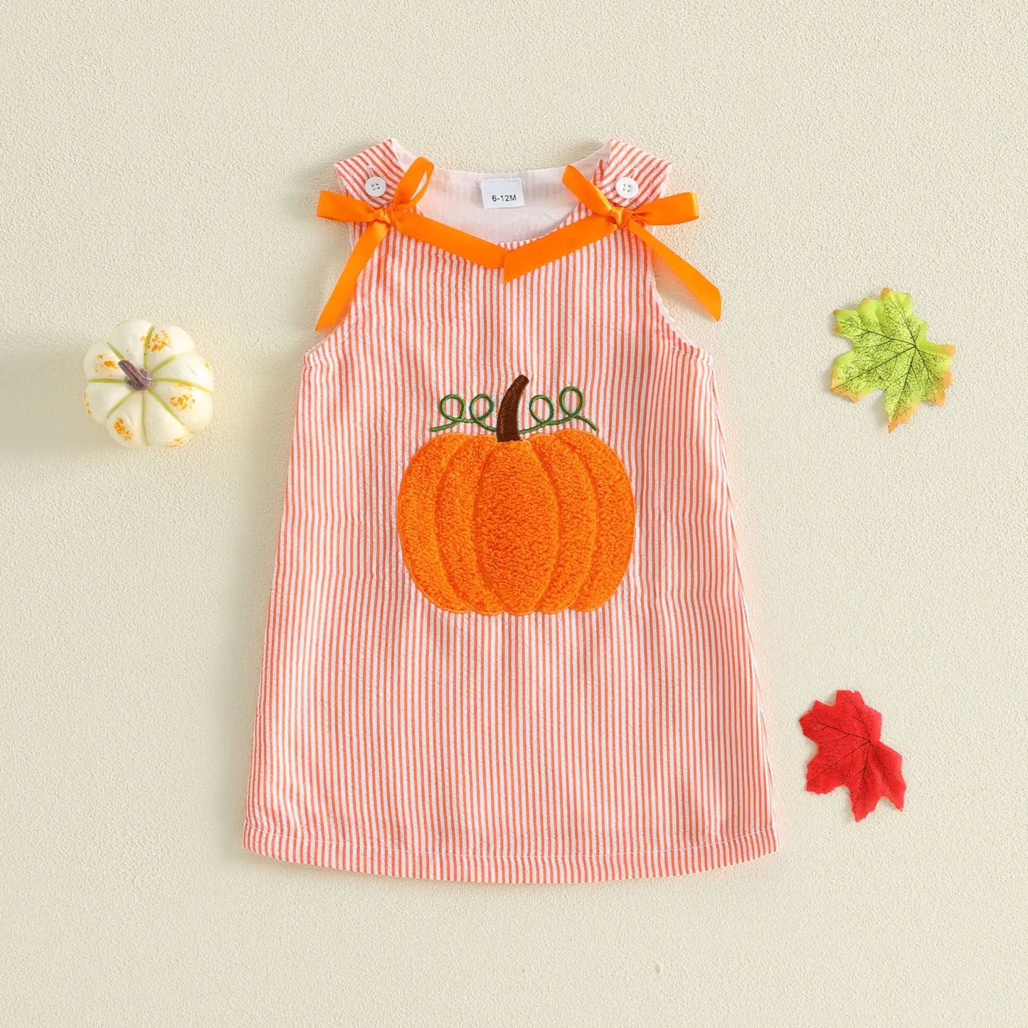 Toddler Baby Little Girl Halloween Dress with Bows Striped Pumpkin Sleeveless Dress Fall 6M-4T
