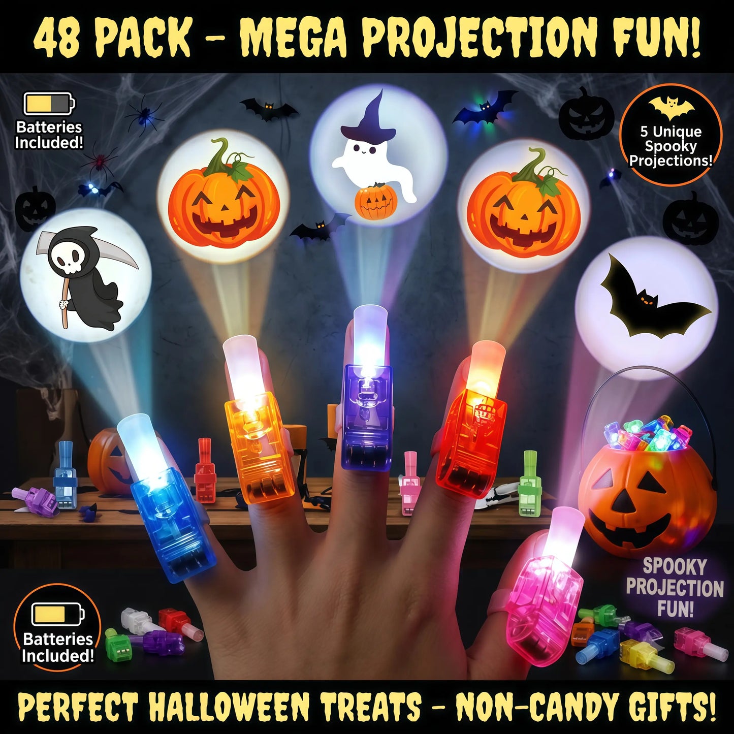 48Pc Halloween Gift Must-Have, Spooky LED Projection Glow Finger Ring Lights, Non-Candy Kids Gift, Unisex All Ages, for Halloween Trick-Or-Treat, Cosplay, Themed Party & Night Decor