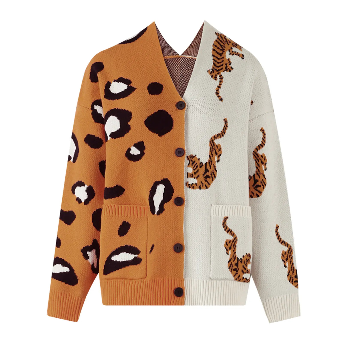 Women'S Oversized V-Neck Chunky Knit Long-Sleeve Basic Cardigan - Drop Shoulder, Button Front, Color-Block Animal Print, Soft Loose Work & Cozy Recovery Loungewear