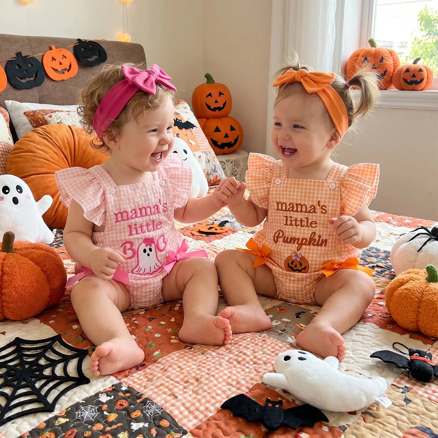 PYBCVRRD Polyester Newborn Baby Girl Halloween Bodysuit - 0-3 Months Plaid+Embroidery, Pumpkin Ghost Design, Flying Sleeves Jumpsuit with Bow Headband