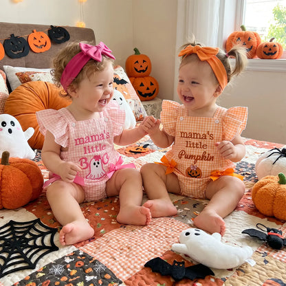 PYBCVRRD Polyester Newborn Baby Girl Halloween Bodysuit - 0-3 Months Plaid+Embroidery, Pumpkin Ghost Design, Flying Sleeves Jumpsuit with Bow Headband