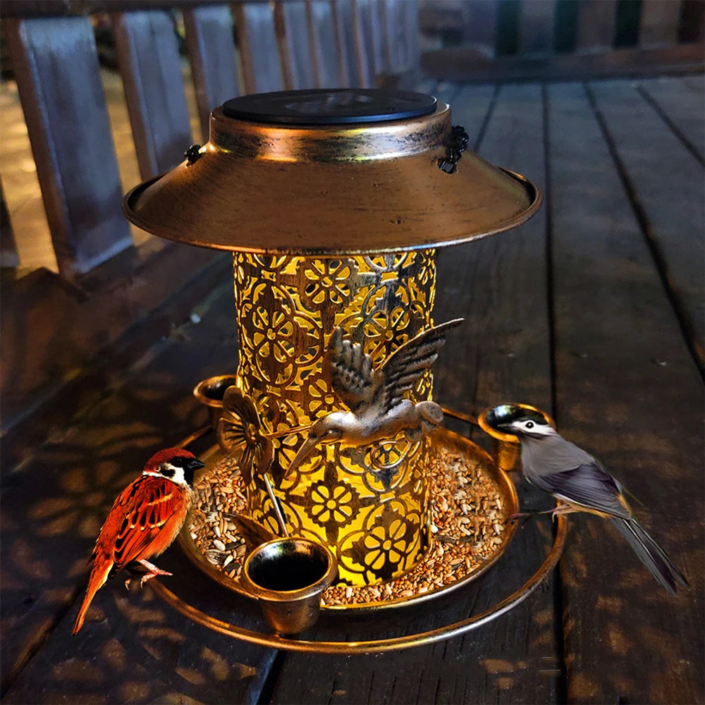 Solar Bird Feeder Metal Outdoors Hanging Bird House with Light Gift Ideas for Bird Lovers Outdoor Garden Backyard Decoration