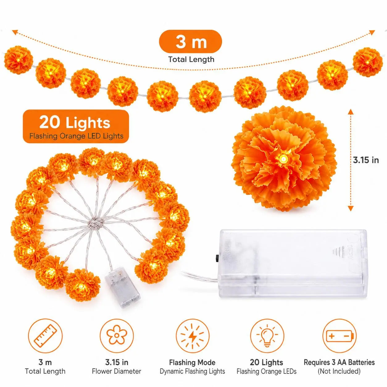 3M Battery-Powered Mexican Marigold LED String Lights, 20 Flashing Orange Cempasuchil Garland, Great for Day of the Dead Altars, Fall Decor for Home, Porch & Table Decor