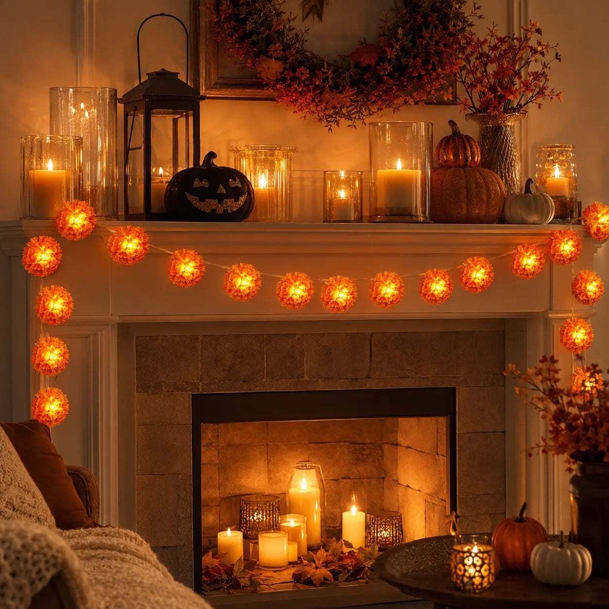 3M Battery-Powered Mexican Marigold LED String Lights, 20 Flashing Orange Cempasuchil Garland, Great for Day of the Dead Altars, Fall Decor for Home, Porch & Table Decor