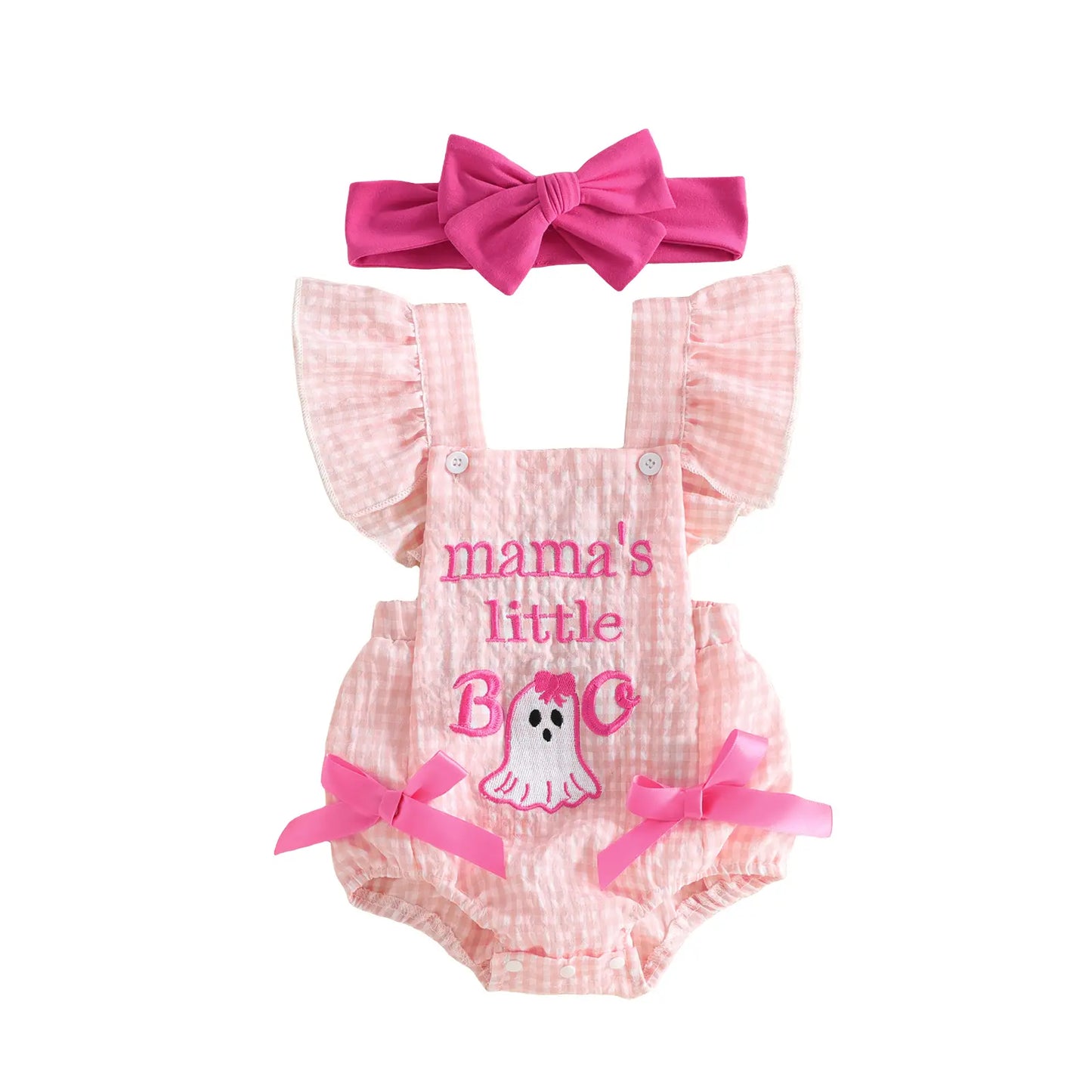 PYBCVRRD Polyester Newborn Baby Girl Halloween Bodysuit - 0-3 Months Plaid+Embroidery, Pumpkin Ghost Design, Flying Sleeves Jumpsuit with Bow Headband
