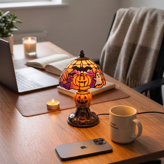 Retro Pumpkin Bat Pattern Desk Lamp – Vintage Glow Atmosphere Night Light for Bedroom/Living Room, Cozy Halloween Decor Gift for Home Stylists, Haunted Vibe