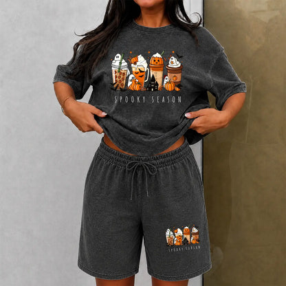 Women'S T-Shirt + Knee-Length Shorts Washed Cotton Shorts Two-Piece Set a Uniquely Styled Halloween Ghost-Themed Party Outfit. Featuring Dachshund in a Halloween Costume Patterns, and Pumpkin Designs. Also Suitable as Casual Summer Loungewear,Sohochic